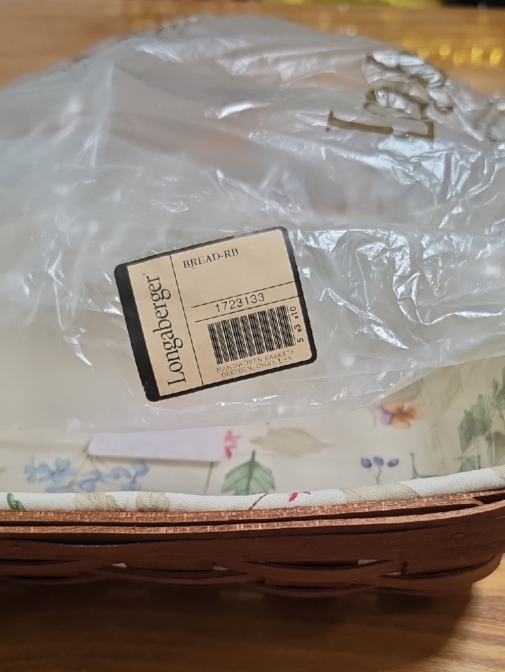 Longaberger Brown Woven Rectangle Bread Basket with Floral Liner